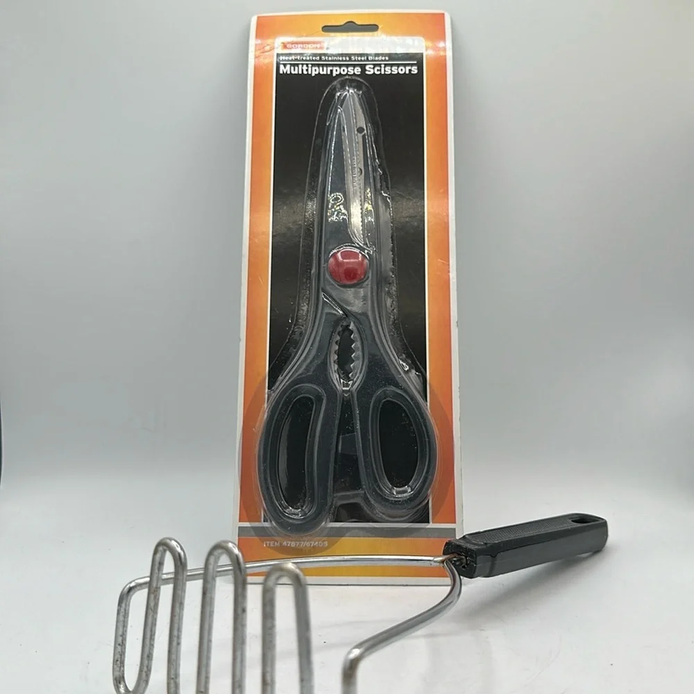 Gordon multipurpose stainless steel scissors and antique Ekco potato masher